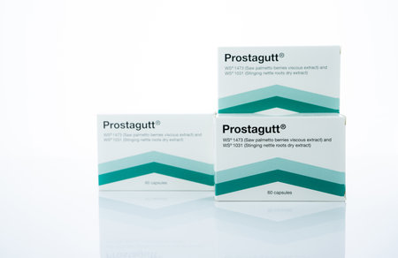 CHONBURI, THAILAND-OCTOBER 8, 2023: Prostagutt manufactured by Catalent Germany Eberbach GmbH. Saw Palmetto and Nettle extract capsule pill for Benign Prostatic Hyperplasia treatment. Wellness in BPH.のeditorial素材