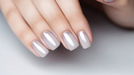 Glamour woman hand with gray nail polish on her fingernails. Gray color nail manicure with gel polish at luxury beauty salon. Nail art and design. Female hand model. French manicure. Generative AI.の素材