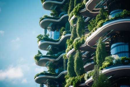 Sustainable green building in modern city. Green architecture. Eco-friendly building. Sustainable building with vertical garden reduce CO2. Futuristic building. Net zero emissions. Generative AI.の素材