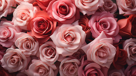 Closeup a bouquet of pink roses flower texture background for a Valentine's Day celebration or a summer wedding. Pattern of pink rose petals. Pink roses background for love and romance. Generative AI.の素材