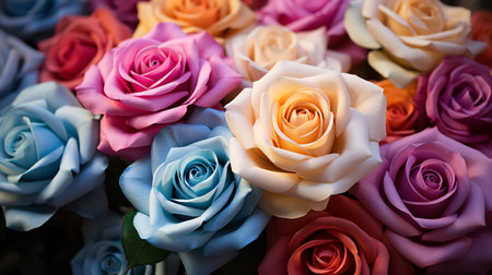 Closeup a bouquet of colorful roses flower texture background for a Valentine's Day celebration or a summer wedding. Pattern of rose petals. Roses background for love and romance. Generative AI.の素材
