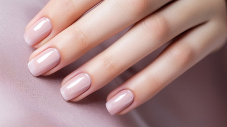 Woman hand with nude shades nail polish on her fingernails. Nude color nail manicure with gel polish at luxury beauty salon. Nail art and design. Female hand model. French manicure. Generative AI.の素材