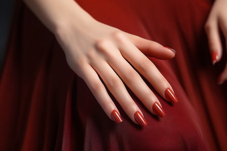 Glamour woman hand with classic red nail polish on her fingernails. Red nail manicure with gel polish at luxury beauty salon. Nail art and design. Female hand model. French manicure. Generative AI.の素材