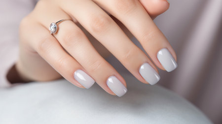 Glamour woman hand with gray nail polish on her fingernails. Gray color nail manicure with gel polish at luxury beauty salon. Nail art and design. Female hand model. French manicure. Generative AI.の素材