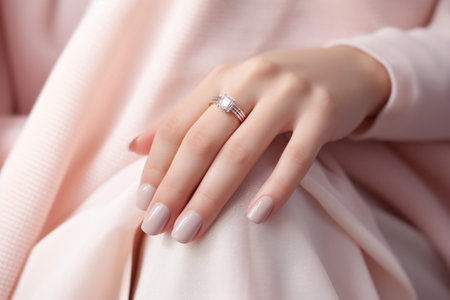 Woman hand with nude shades nail polish on her fingernails. Nude color nail manicure with gel polish at luxury beauty salon. Nail art and design. Female hand model. French manicure. Generative AI.の素材