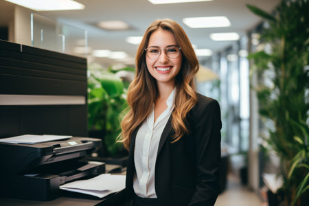 Office worker prints paper on multifunction laser printer. Document and paperwork concept. Secretary work. Smiling woman working in business office. Copy, print, scan, and fax machine. Generative AI.の素材