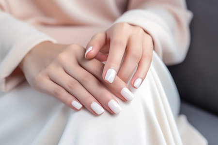 Glamour woman hand with nude shades nail polish on her fingernails. White nail manicure with gel polish at luxury beauty salon. Nail art and design. Female hand model. French manicure. Generative AI.の素材
