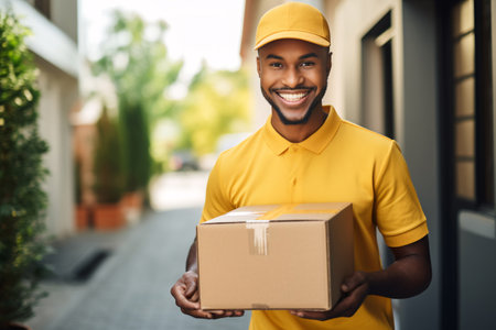 Delivery courier service. Delivery man in yellow cap and uniform holding a cardboard box delivering to door of customer home. Smiling young man postal delivery man delivering package. Generative AI.の素材