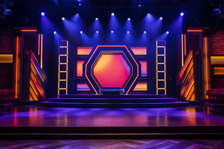Theater stage light background with spotlight illuminated the stage for opera performance. Stage lighting. Empty stage with bright colors backdrop decoration. Entertainment show. Generative AI.の素材