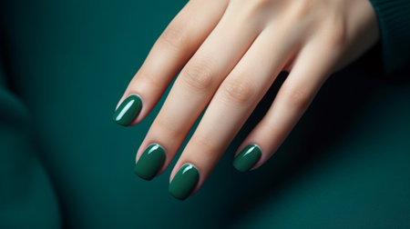 Glamour woman hand with green color nail polish on her fingernails. Green nail manicure with gel polish at luxury beauty salon. Nail art and design. Female hand model. French manicure. Generative AI.の素材