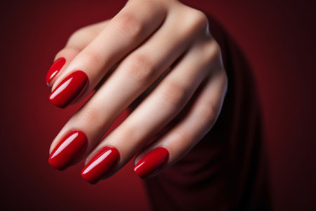 Glamour woman hand with classic red nail polish on her fingernails. Red nail manicure with gel polish at luxury beauty salon. Nail art and design. Female hand model. French manicure. Generative AI.の素材