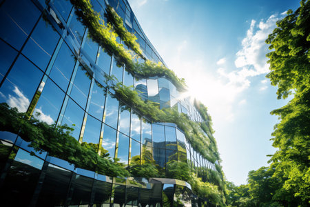 Eco-friendly building in the modern city. Sustainable glass office building with tree for reducing carbon dioxide. Office building with green environment. Corporate building reduce CO2. Generative AI