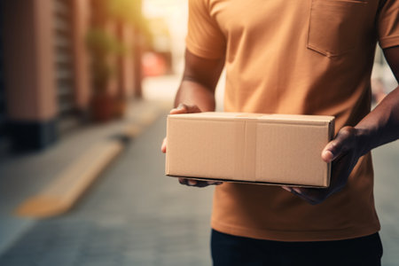 Delivery courier service. Delivery man in brown uniform holding a cardboard box delivering to door of customer home. A man postal delivery man delivering package. Home delivery concept. Generative AIの素材