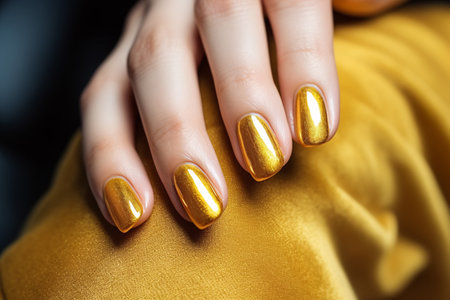 Woman hand with marigold yellow nail polish on her fingernails. Golden nail manicure with gel polish at a luxury beauty salon. Nail art and design. Female hand model. French manicure. Generative AI.の素材