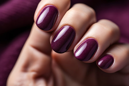 Glamour woman hand with deep berry and plum nail polish on fingernails. Nail manicure with gel polish at luxury beauty salon. Nail art and design. Female hand model. French manicure. Generative AI.の素材