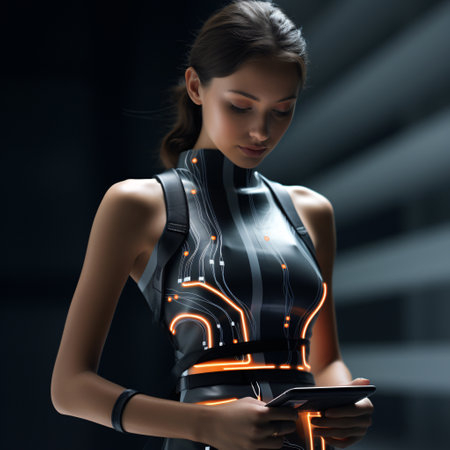 Sustainable fashion with flexible batteries and smart textiles. Flexible battery power in clothing industry. Wearable technology. Wearable innovation. A model wearing futuristic outfit. Generative AI.の素材