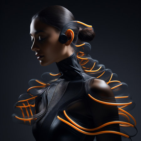 Sustainable fashion with flexible batteries and smart textiles. Flexible battery power in clothing industry. Wearable technology. Wearable innovation. A model wearing futuristic outfit. Generative AI.の素材