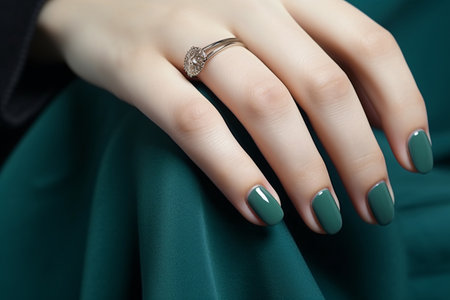 Glamour woman hand with green color nail polish on her fingernails. Green nail manicure with gel polish at luxury beauty salon. Nail art and design. Female hand model. French manicure. Generative AI.の素材