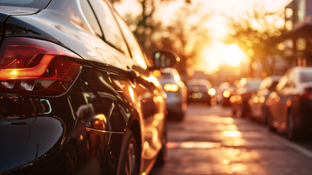 Car parked at outdoor parking lot. Used car for sale and rental service. Car insurance background. Automobile parking area. Car dealership and dealer agent concept. Automotive industry. Generative AI.の素材