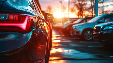 Car parked at outdoor parking lot. Used car for sale and rental service. Car insurance background. Automobile parking area. Car dealership and dealer agent concept. Automotive industry. Generative AI.の素材