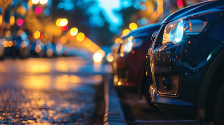 Car parked at outdoor parking lot. Used car for sale and rental service. Car insurance background. Automobile parking area. Car dealership and dealer agent concept. Automotive industry. Generative AI.の素材