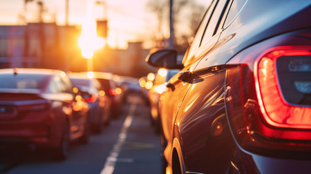 Car parked at outdoor parking lot. Used car for sale and rental service. Car insurance background. Automobile parking area. Car dealership and dealer agent concept. Automotive industry. Generative AI.の素材
