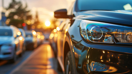 Car parked at outdoor parking lot. Used car for sale and rental service. Car insurance background. Automobile parking area. Car dealership and dealer agent concept. Automotive industry. Generative AI.の素材