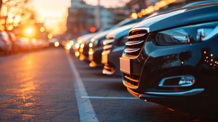 Car parked at outdoor parking lot. Used car for sale and rental service. Car insurance background. Automobile parking area. Car dealership and dealer agent concept. Automotive industry. Generative AI.の素材