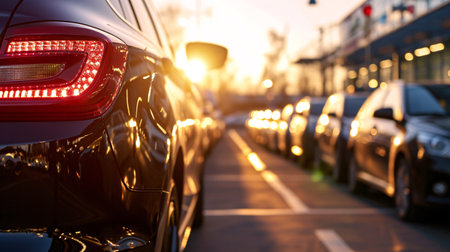 Car parked at outdoor parking lot. Used car for sale and rental service. Car insurance background. Automobile parking area. Car dealership and dealer agent concept. Automotive industry. Generative AI.の素材