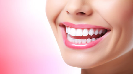Closeup healthy white teeth and pink gum of a woman. Dental care and teeth whitening concept. Oral care dentistry. Beautiful smile. Perfect healthy teeth. Confident dental beauty. Generative AI.の素材