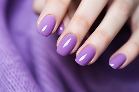 Woman hand with lavender color nail polish on her fingernails. Purple nail manicure with gel polish at luxury beauty salon. Nail art and design. Female hand model. French manicure. Generative AI.の素材