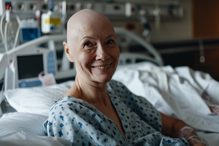 Portrait of happy breast cancer patient. Smiling bald woman after chemotherapy treatment in hospital room. Breast cancer recovery. Breast cancer survivor. Breast cancer awareness month. Generative AI.の素材