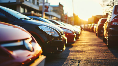 Car parked at outdoor parking lot. Used car for sale and rental service. Car insurance background. Automobile parking area. Car dealership and dealer agent concept. Automotive industry. Generative AI.の素材