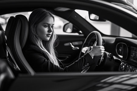 Professional luxury car saleswoman showing performance and craftsmanship of the high-end vehicle in luxury showroom. Auto dealership office. Car dealer business. Woman driving a car. Generative AI.の素材