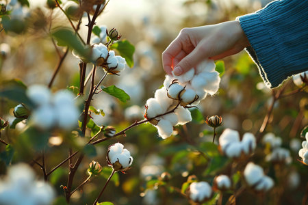 Farmer hand picking white boll of cotton. Cotton farm. Field of cotton plants. Sustainable and eco-friendly practice on a cotton farm. Organic farming. Raw material for textile industry. Generative AIの素材