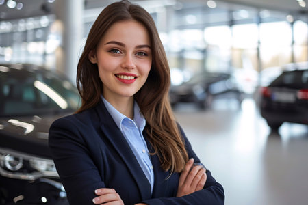 Professional luxury car saleswoman in luxury showroom. Auto dealership office. Car dealer business. Smiling woman in showroom. Expensive car. Automotive industry. Luxury car agent. Generative AI.の素材