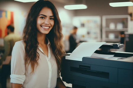 Office worker prints paper on multifunction laser printer. Document and paperwork concept. Secretary work. Smiling woman working in business office. Copy, print, scan, and fax machine. Generative AI.の素材