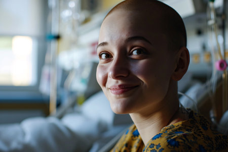 Portrait of happy breast cancer patient. Smiling bald woman after chemotherapy treatment in hospital room. Breast cancer recovery. Breast cancer survivor. Breast cancer awareness month. Generative AI.の素材