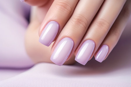 Woman hand with lavender color nail polish on her fingernails. Purple nail manicure with gel polish at luxury beauty salon. Nail art and design. Female hand model. French manicure. Generative AI.の素材