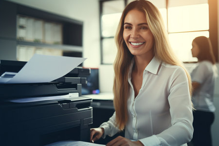 Office worker prints paper on multifunction laser printer. Document and paperwork concept. Secretary work. Smiling woman working in business office. Copy, print, scan, and fax machine. Generative AI.の素材
