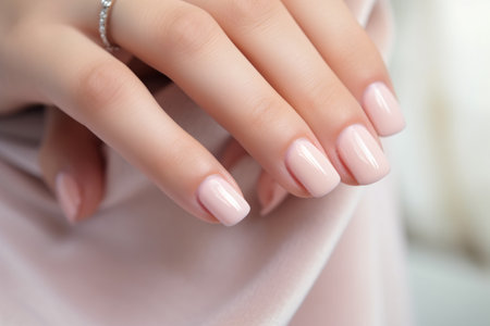 Woman hand with nude shades nail polish on her fingernails. Nude color nail manicure with gel polish at luxury beauty salon. Nail art and design. Female hand model. French manicure. Generative AI.の素材