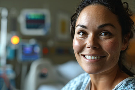 Portrait of happy breast cancer patient. Smiling adult woman after take chemotherapy in hospital room. Breast cancer recovery. Breast cancer survivor. Breast cancer awareness month. Generative AI.の素材
