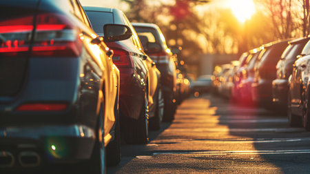 Car parked at outdoor parking lot. Used car for sale and rental service. Car insurance background. Automobile parking area. Car dealership and dealer agent concept. Automotive industry. Generative AI.の素材