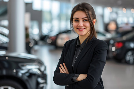 Professional luxury car saleswoman in luxury showroom. Auto dealership office. Car dealer business. Smiling woman in showroom. Expensive car. Automotive industry. Luxury car agent. Generative AI.の素材