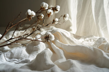White cotton flowers on white cotton fabric background for sustainable fashion or organic products. Eco-friendly textile. Environmentally conscious choice. Natural cotton fabric textile. Generative AIの素材