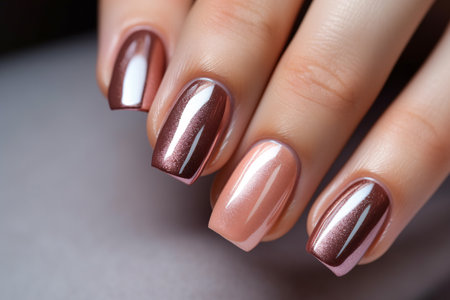 Glamour woman hand with brown nail polish on her fingernails. Beige color nail manicure with gel polish at luxury beauty salon. Nail art and design. Female hand model. French manicure. Generative AI.の素材