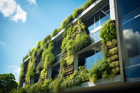 Eco-friendly building in the modern city. Sustainable glass office building with tree for reducing carbon dioxide. Office building with green environment. Corporate building reduce CO2. Generative AIの素材