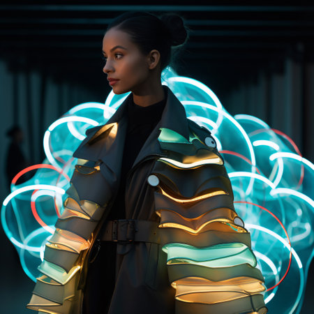 Sustainable fashion with flexible batteries and smart textiles. Flexible battery power in clothing industry. Wearable technology. Wearable innovation. A model wearing futuristic outfit. Generative AI.の素材