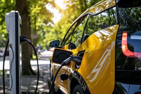 Car charging at electric car charging station. Electric vehicle charger station for charge EV battery. EV car charging point. Clean energy. Sustainable transportation. Green technology. Generative AI.の素材