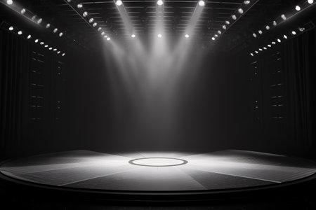 Artistic performances stage light background with spotlight illuminated the stage for contemporary dance. Empty stage with monochromatic colors and lighting design. Entertainment show. Generative AI.の素材